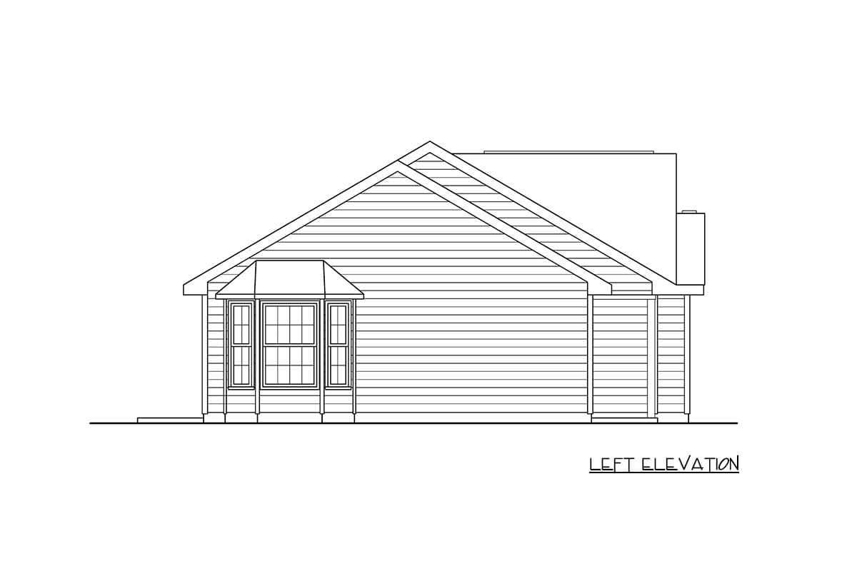 Left elevation house plan drawing showing a bay window, horizontal siding, and a gable roof.