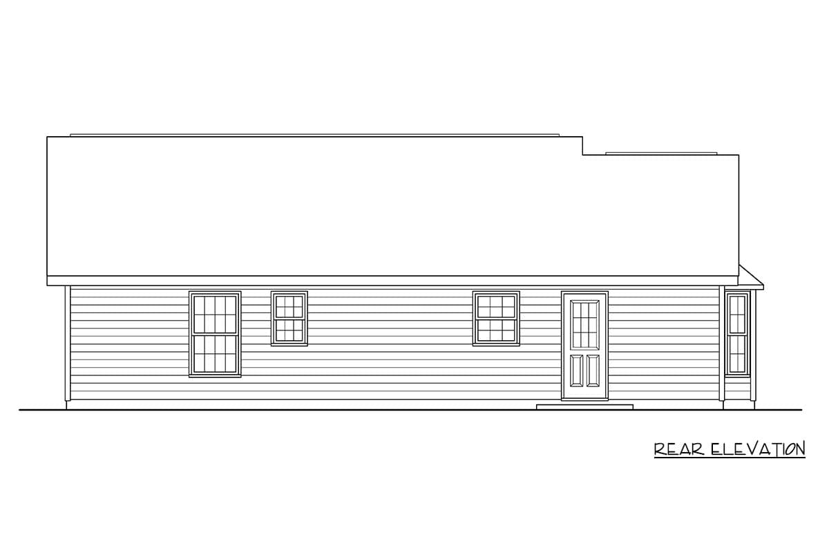 Rear elevation drawing of a house plan with horizontal siding, a door, and multiple windows.