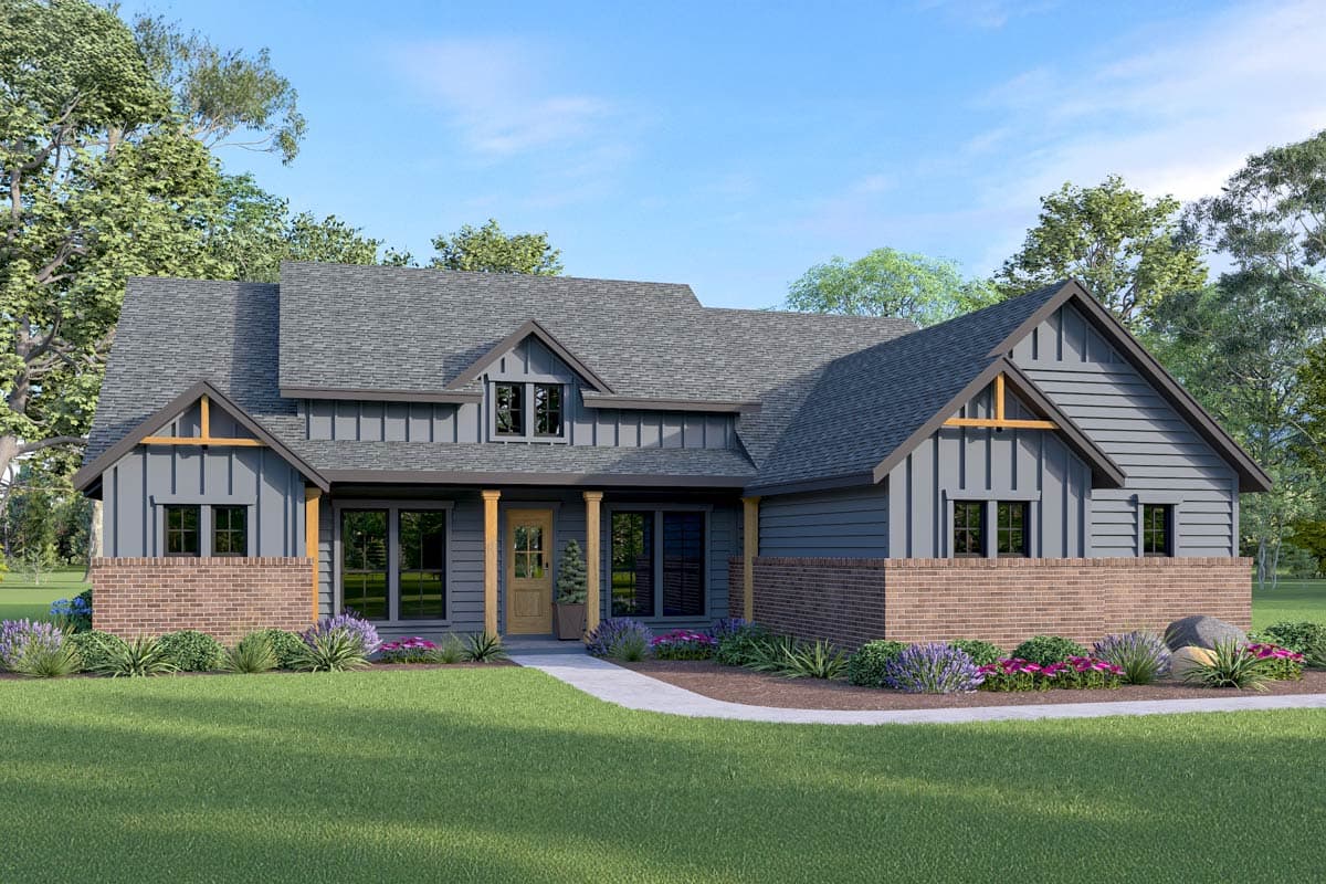 House plan exterior. Modern Farmhouse style with two stories, gabled roof, dormers, and front porch with exposed posts.