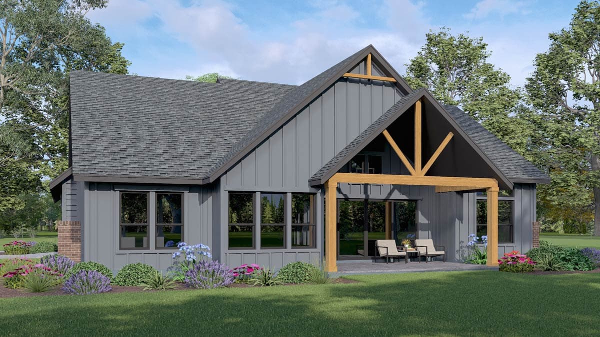 House plan exterior: Modern Farmhouse style with gables, exposed wood beams, covered patio, and board and batten siding.
