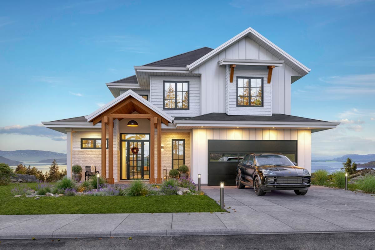 Modern Farmhouse house plan exterior with two stories, gabled roof, covered porch with exposed beams, and attached garage.