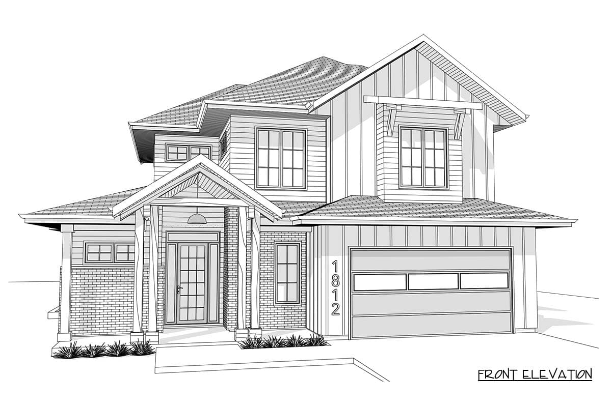 Front elevation drawing of a two-story house with a covered porch, gabled dormers, and a two-car garage.