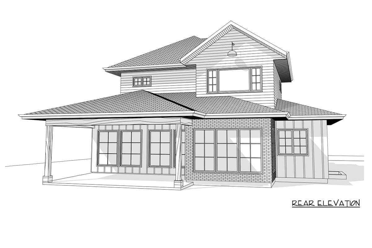 Rear elevation drawing of a two-story house with a covered porch, brick and clapboard siding, and prominent rooflines.
