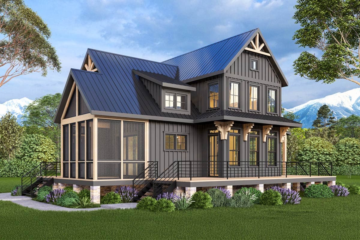 House plan exterior. Two-story Modern Farmhouse with a screened porch, multiple gables, and a metal roof. A deck and stairs are also visible.