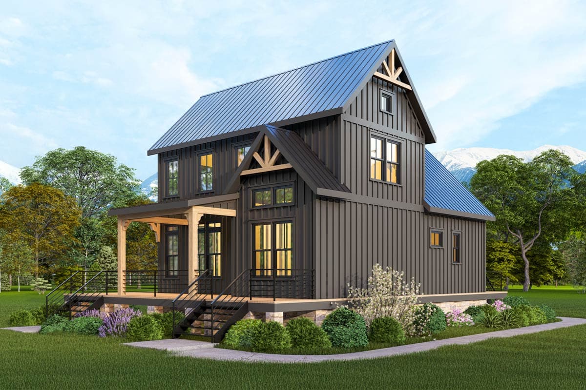 Modern Farmhouse house plan exterior with dark vertical siding, metal roof, covered porch, and exposed wood beams.