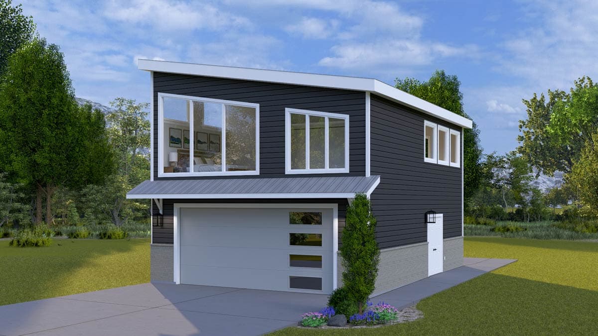 Modern two-story house plan exterior with dark siding, large windows, a single garage door, and a shed roof.