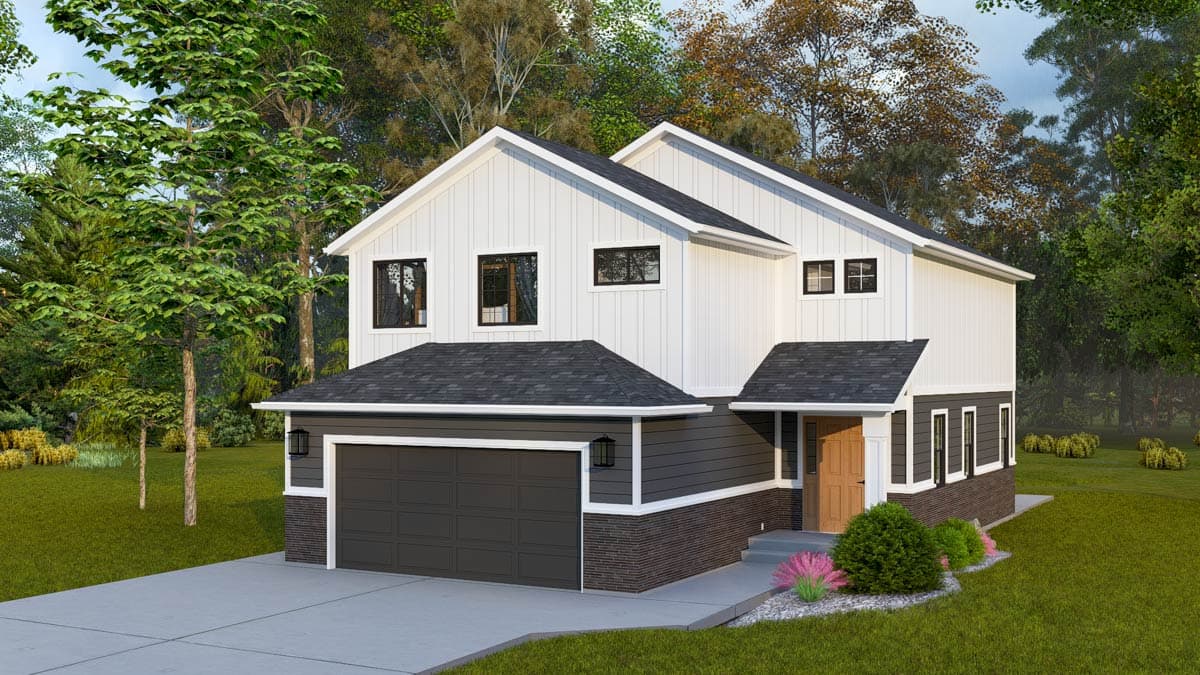 House plan exterior: Two-story modern home with board and batten siding, a pitched roof, gabled dormers, and an attached two-car garage.