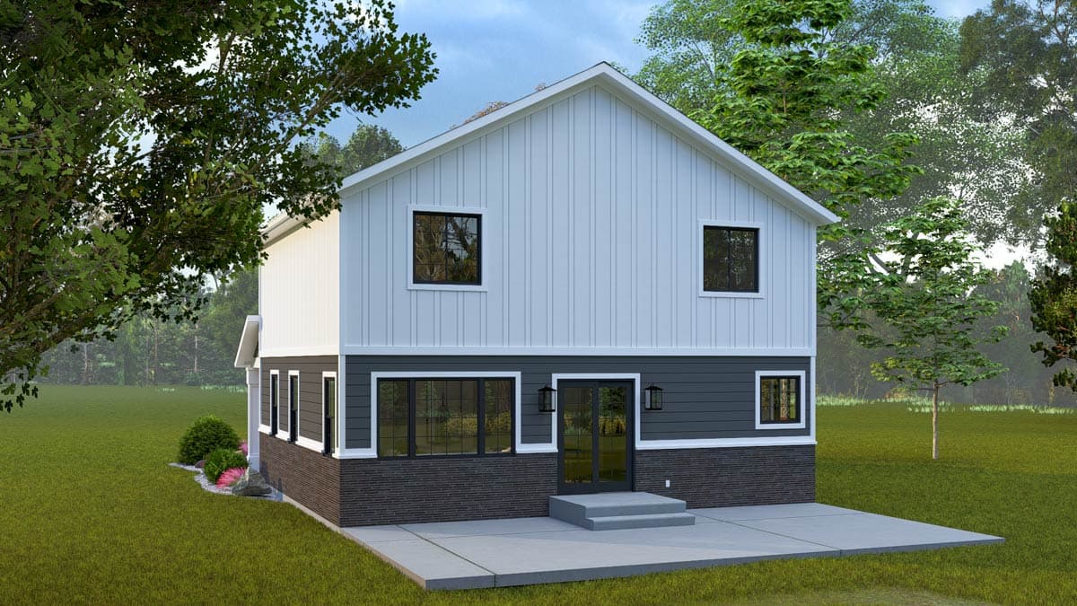 House plan exterior rendering: two-story modern home with gabled roof, vertical siding, and brick base.