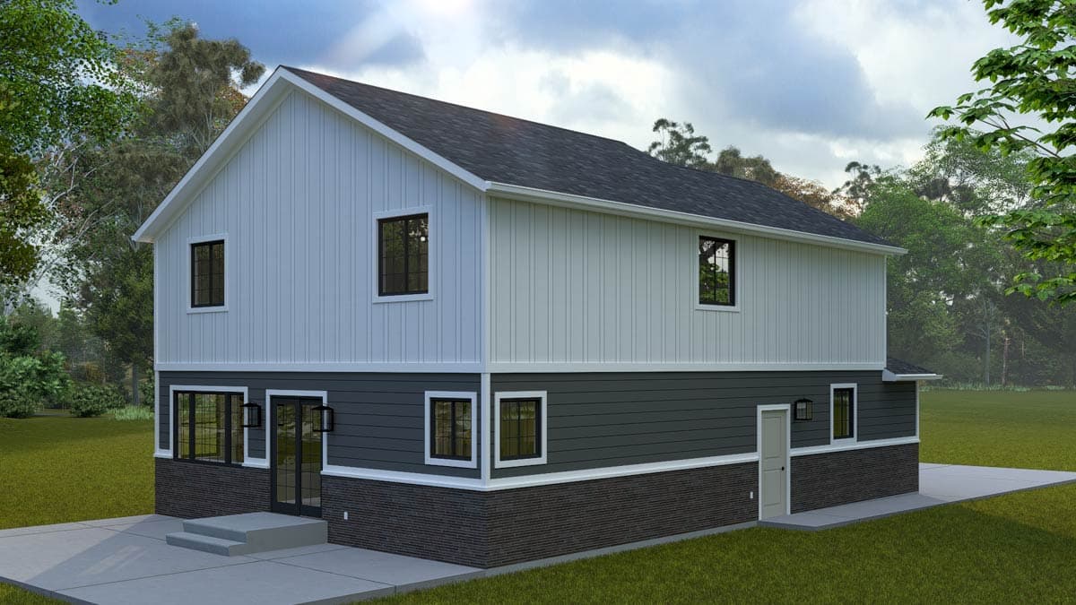Two-story house plan exterior with white vertical siding on top and dark gray siding below. Features a gable roof and dark-framed windows.