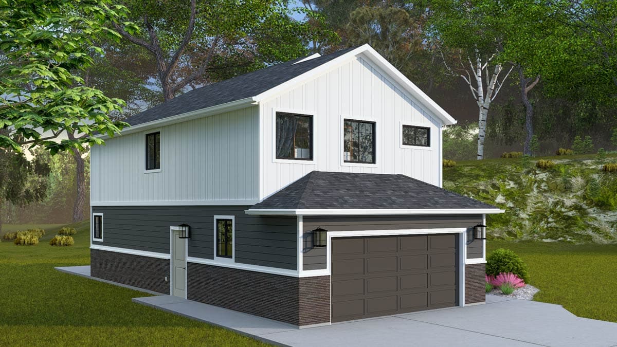 House plan exterior with a two-car garage, vertical siding, gables, and dark-framed windows.