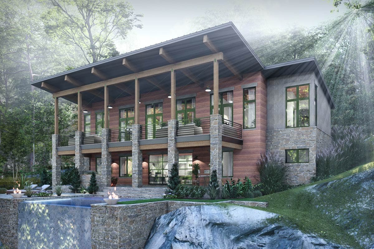 House plan exterior. Two-story home with a flat roof, a covered porch with exposed timber columns, and a stone facade on the lower level.