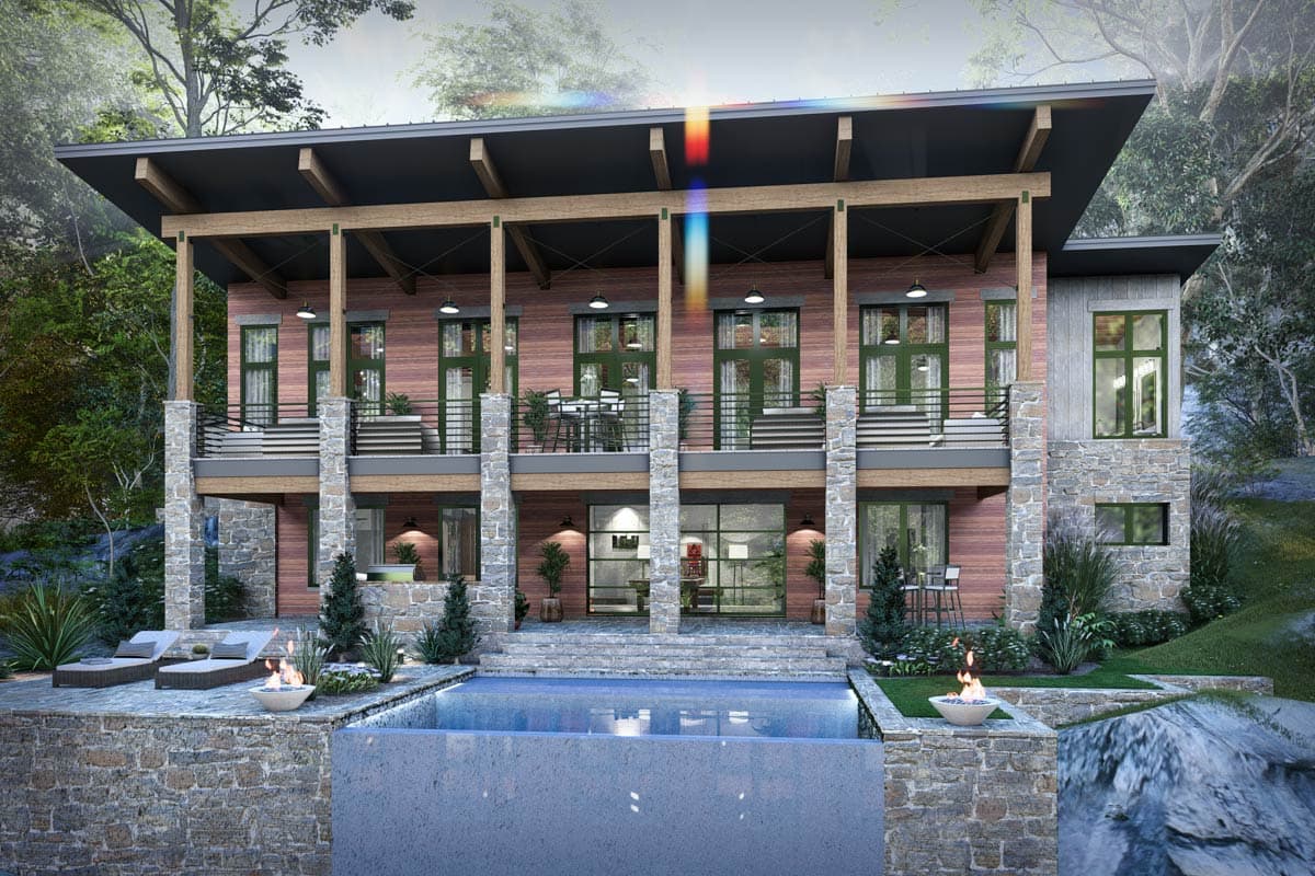 Modern house plan exterior with stone base, wood siding, wide eaves, and multi-level balconies overlooking a pool.