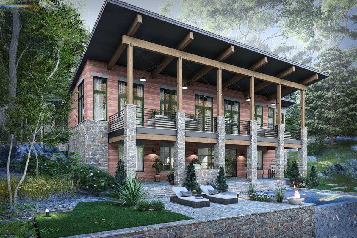 Modern house plan exterior with stone base, wood siding, dual balconies, exposed beams, and deep eaves.