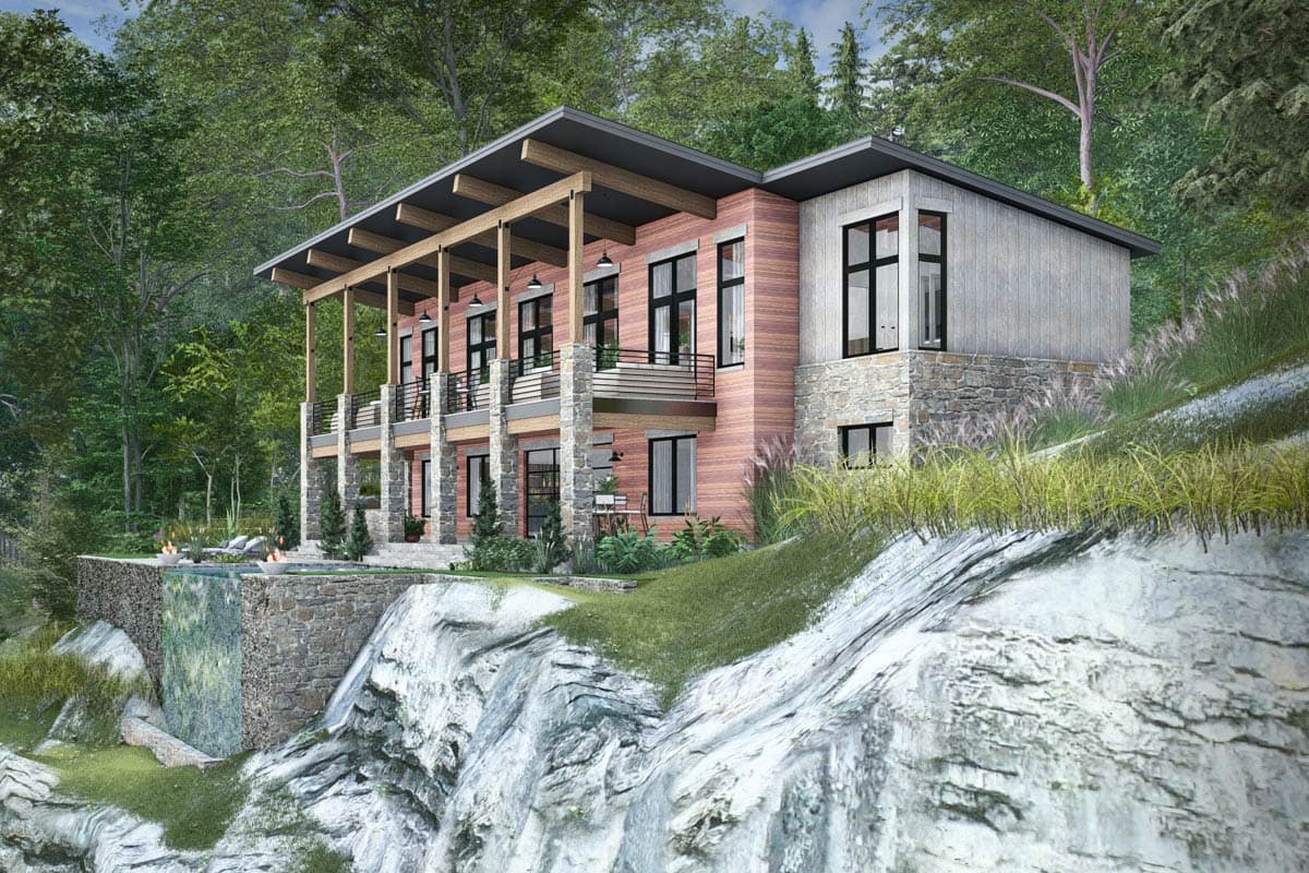 Modern house plan exterior with multiple stories, balconies, stone and wood siding, and a cantilevered roof.