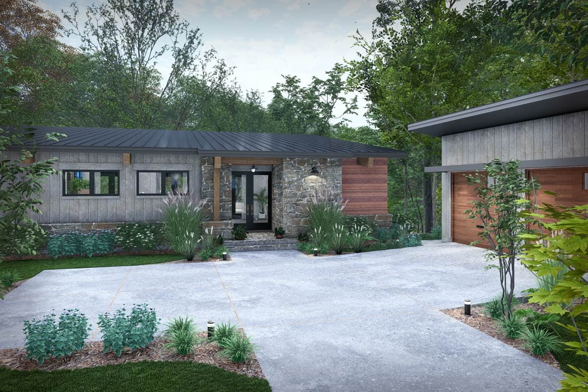 Modern ranch house plan exterior with stone and wood facade, metal roof, attached garage, and prominent entrance.
