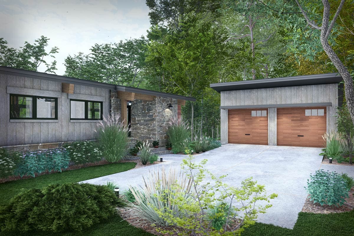Modern house plan exterior with stone entry, wood siding, and attached two-car garage with wood doors.