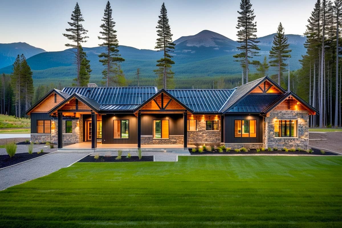 House plan exterior. Ranch-style home with a single story, metal roof, stone accents, gables, and a front porch.