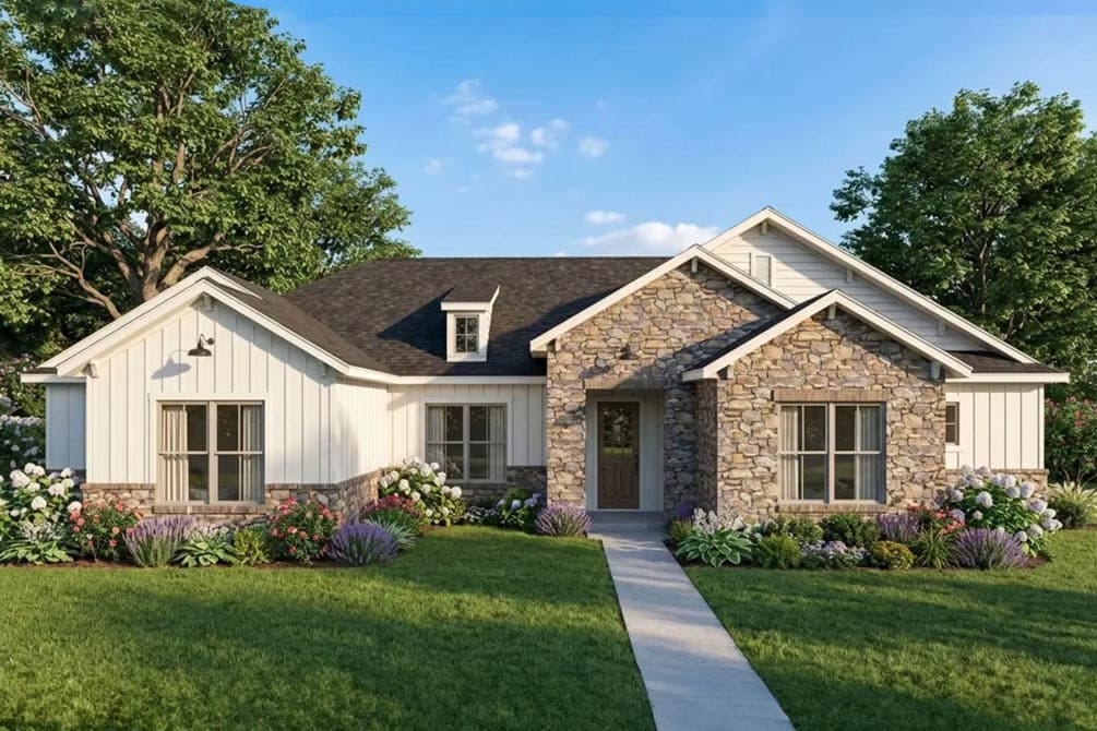 House plan exterior: One-story Modern Farmhouse with stone accents, board-and-batten siding, prominent gables, and a dormer.