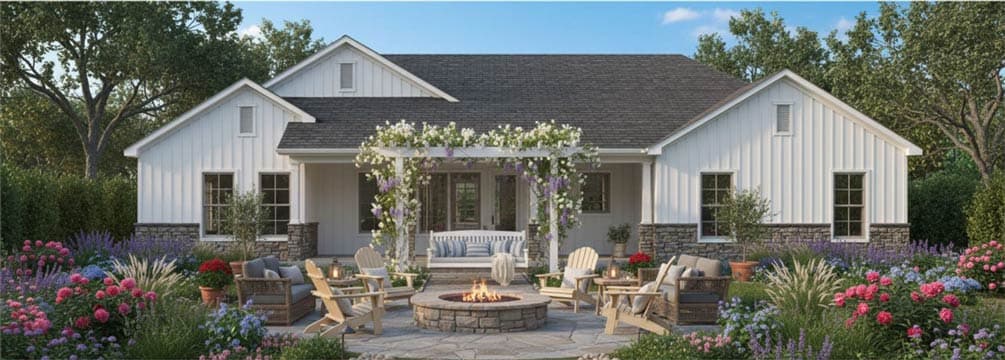 Modern Farmhouse house plan exterior with board and batten siding, stone base, gables, and covered porch with pergola.