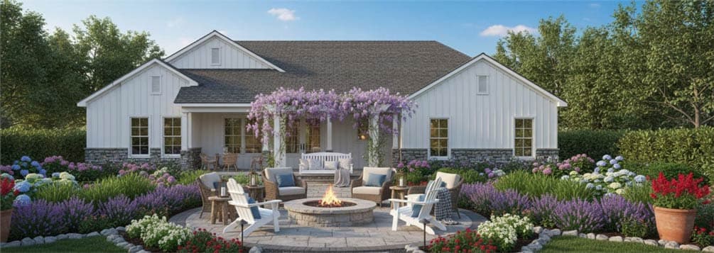 House plan exterior: Single-story Modern Farmhouse with board-and-batten siding, stone foundation, gables, and covered porch with pergola.