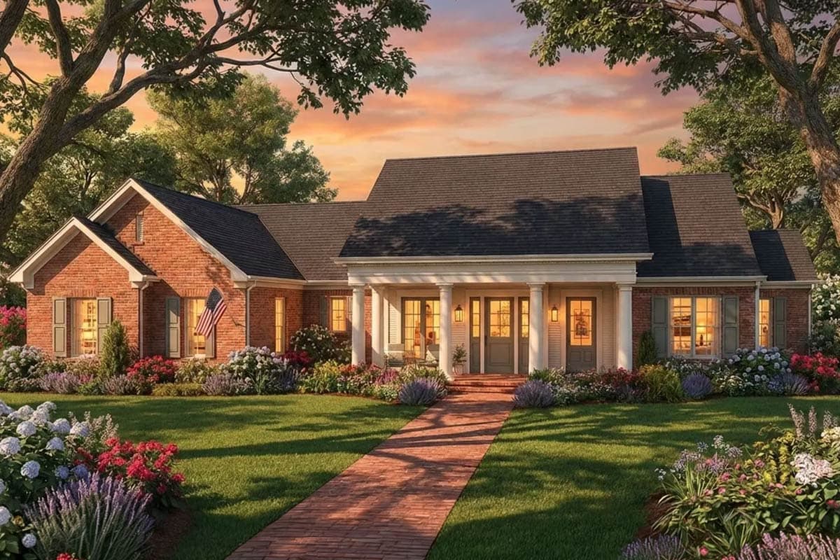 House plan exterior: brick ranch with a central portico supported by columns, dual front doors, and gable dormers.