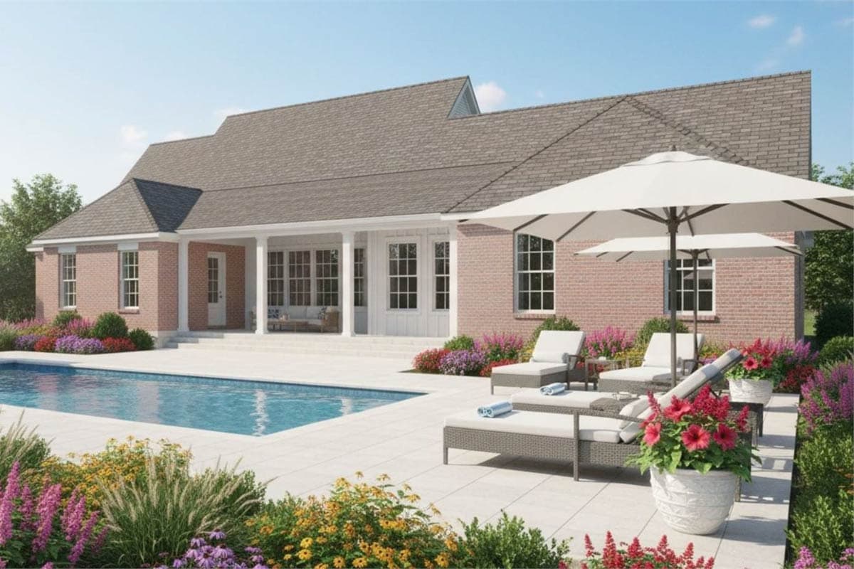House plan exterior: one-story brick home with covered porch, multiple gables, and a swimming pool.