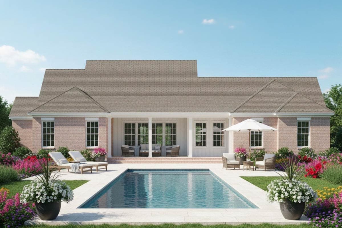 House plan exterior: One-story brick home with a covered porch, multiple gables, and a swimming pool.