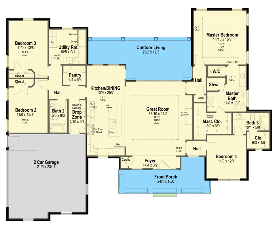Plan 54043LK: Charming Southern Ranch with Spacious Porch and Modern Amenities - Floor Plan - Main Level - Country, Ranch, Southern, Traditional