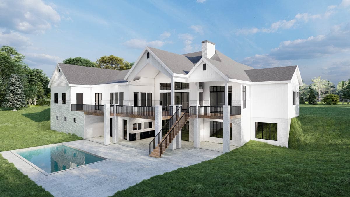 Modern house plan exterior with white siding, white brick, multiple gables, large windows, and a wraparound deck with stairs.