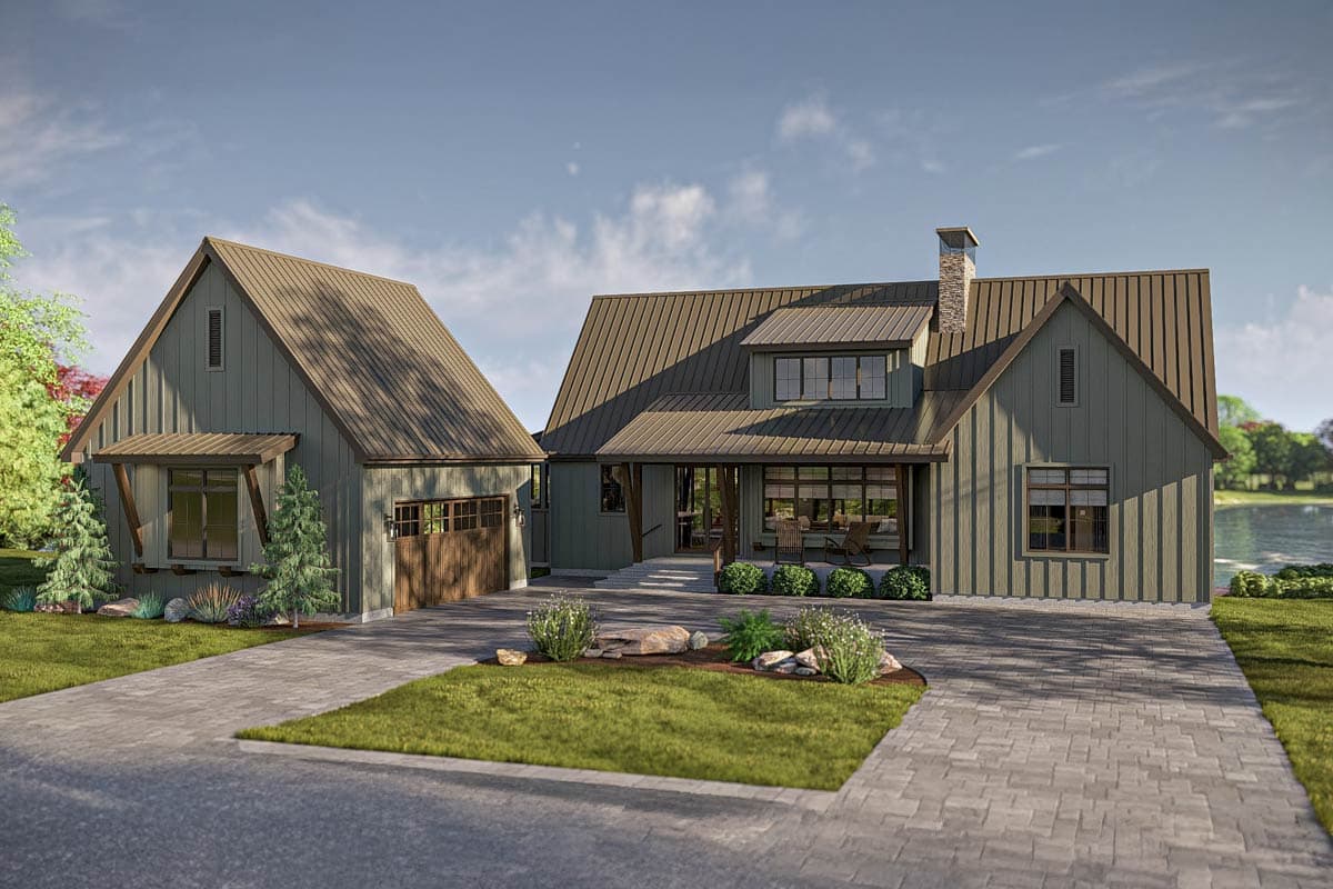 House plan exterior featuring a farmhouse style with gabled roofs, a covered porch, and a detached garage with wood door.
