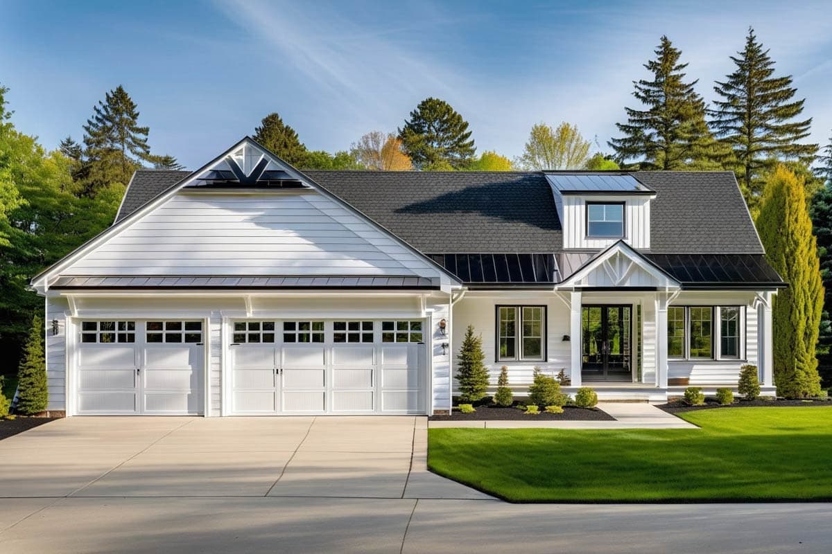 House plan exterior with two-story design. Features include a gable roof, dormer, and attached garage. Black trim contrasts with white siding.