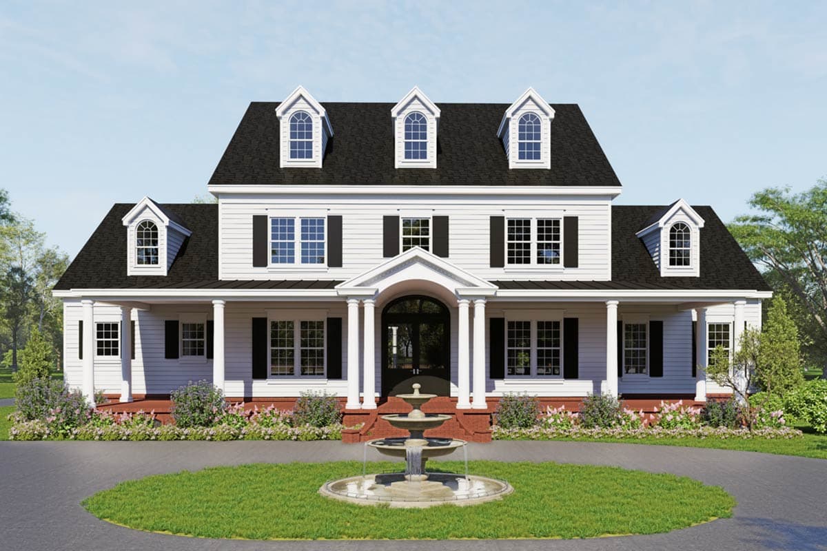 House plan exterior rendering. Two-story Colonial style home with a covered front porch, dormers, and a gabled roofline. Includes a circular driveway.