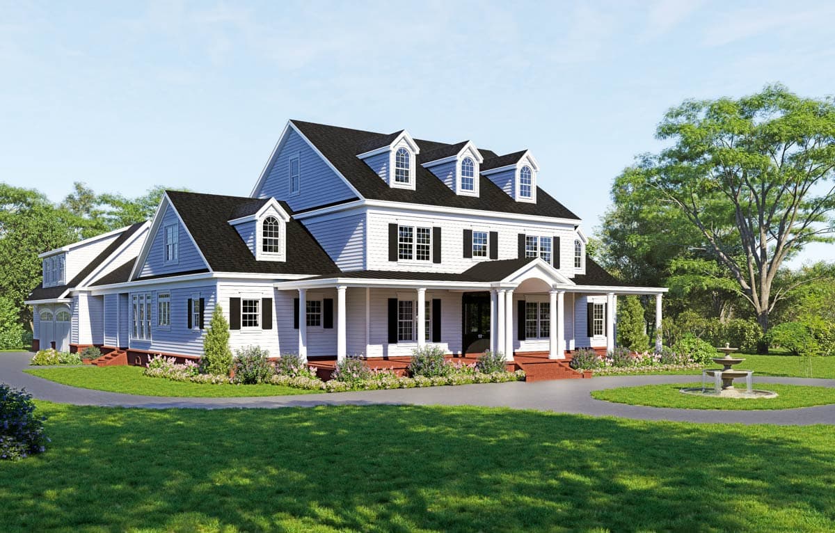 House plan exterior: two-story, light blue siding, white trim, prominent wrap-around porch, multiple dormers, and attached garage.