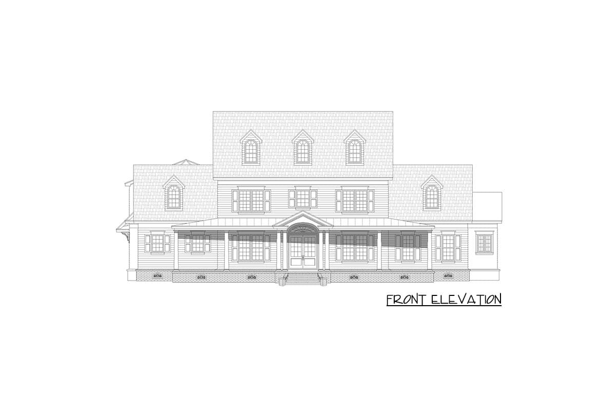 Front elevation drawing of a two-story house with a full-width covered porch, dormer windows, and a central pedimented entrance.