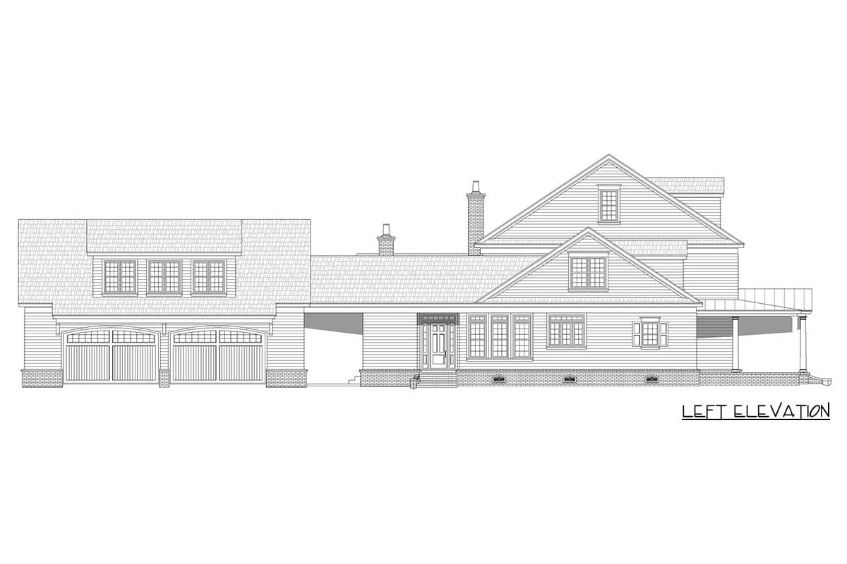 Left elevation house plan with a side-entry three-car garage, covered front porch, and multiple gables.