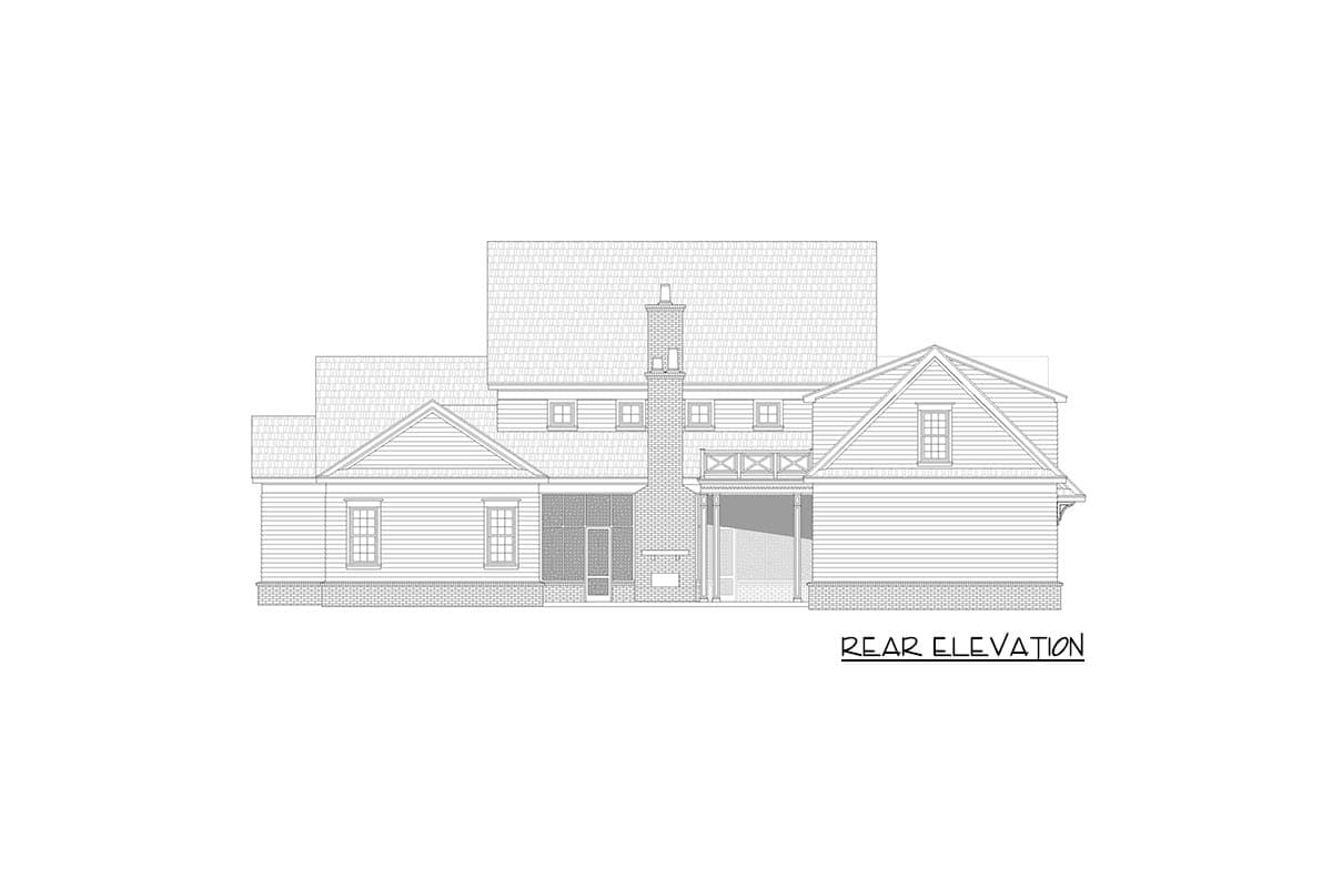 Rear elevation drawing of a two-story house plan featuring a prominent brick chimney, gables, and covered porch.