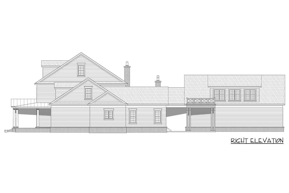 Right elevation house plan showing two stories, gables, dormers, a covered porch, and dormer windows.