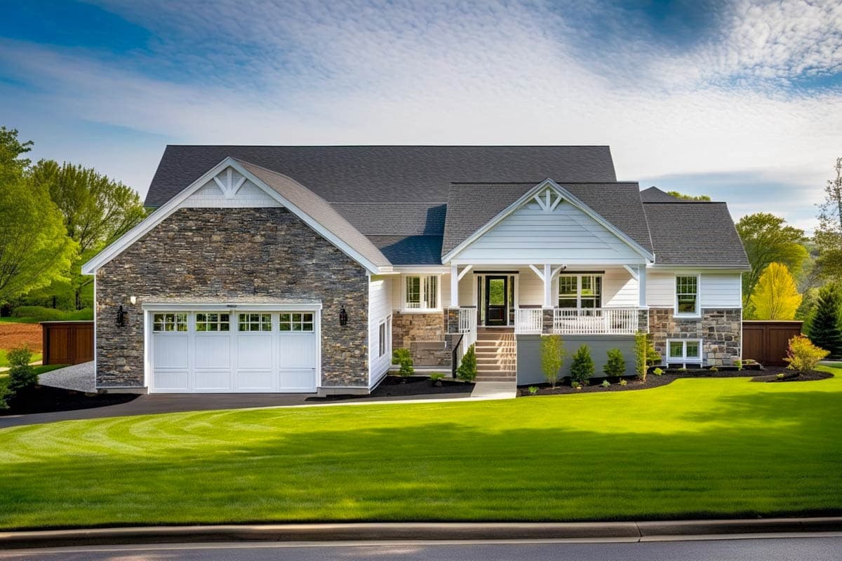 House plan exterior. Two-story with stone facade, covered front porch, and gable roof. Attached garage with white panel door.