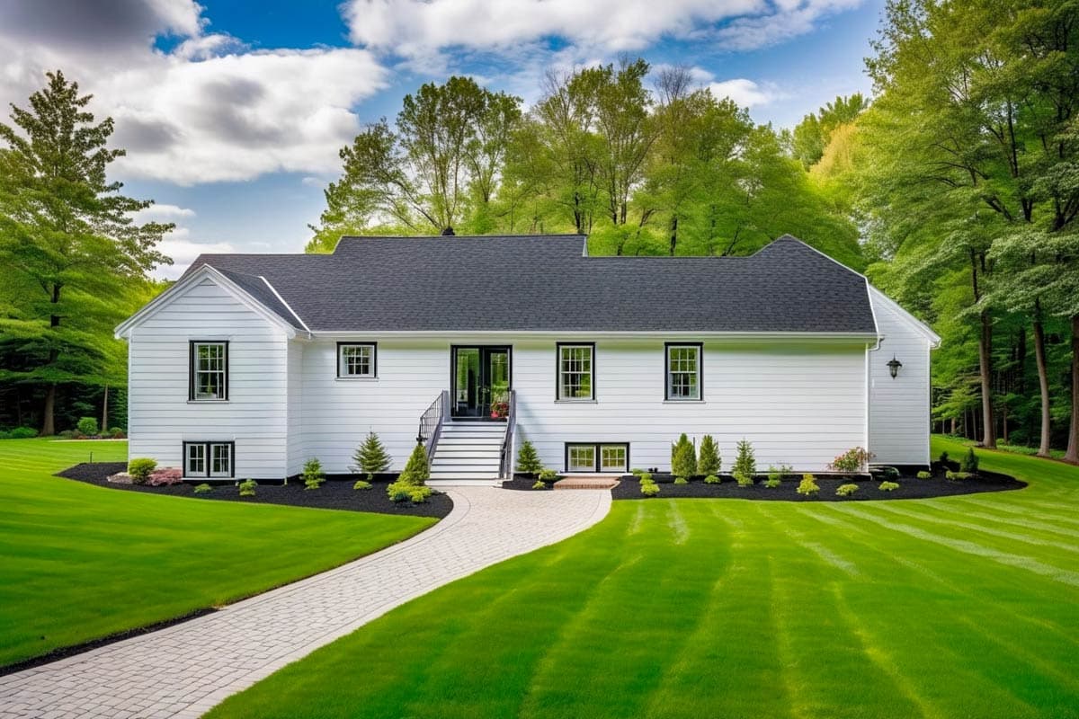 House plan exterior of a white, two-story Modern Farmhouse with a gable roof, central entrance with stairs, and multiple windows.