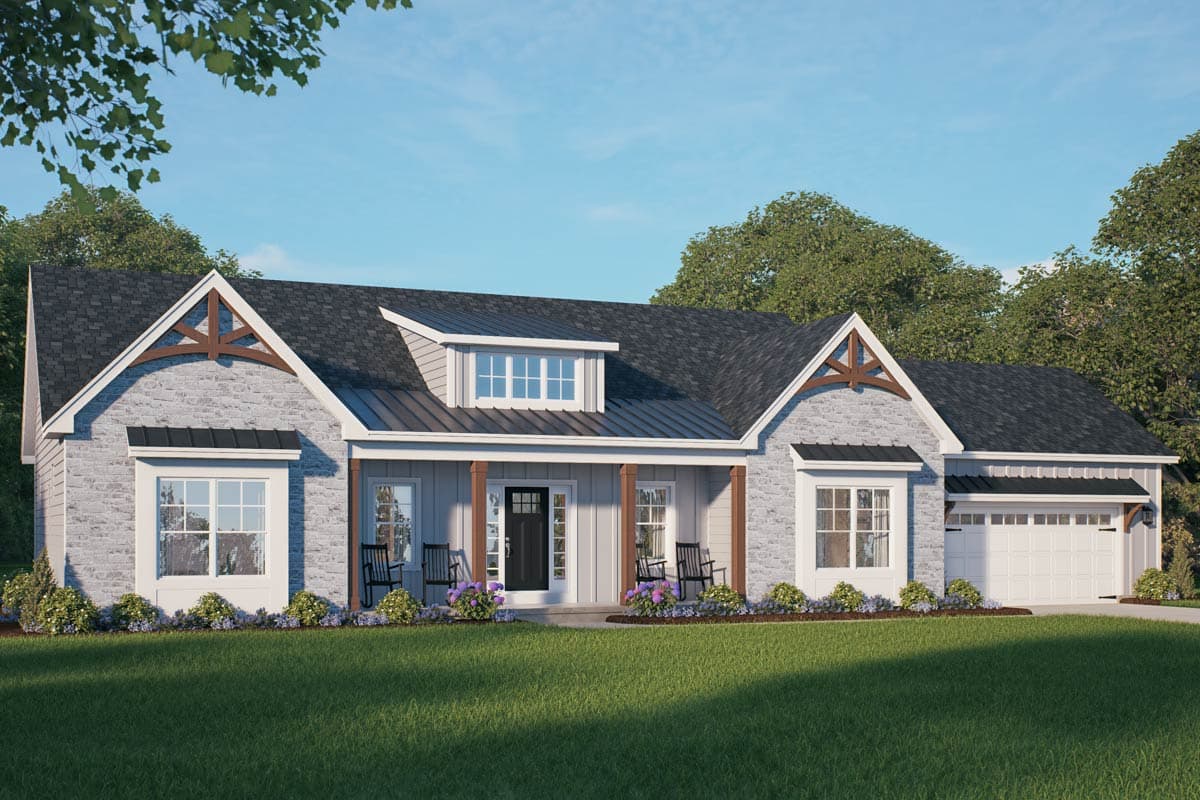 House plan exterior. Craftsman style, one story home with a porch, gables with decorative brackets, and a side-entry garage.