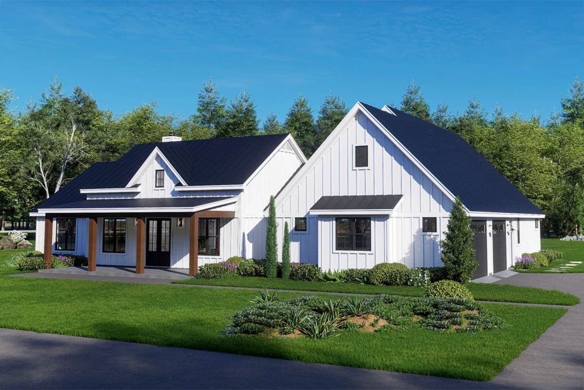 House plan exterior featuring a Modern Farmhouse style with gabled roof, covered porch, and board-and-batten siding.