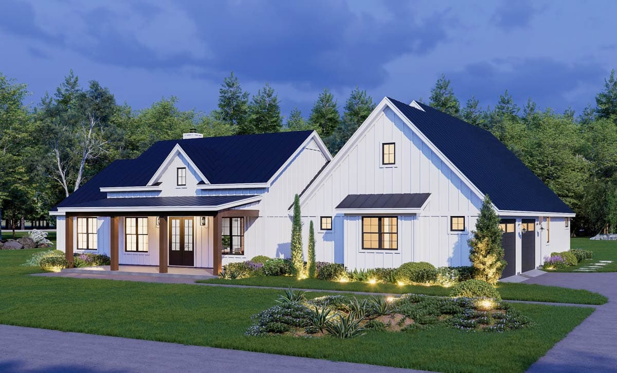 House plan exterior: Modern Farmhouse style, one-and-a-half stories, featuring a covered porch with wood columns, gables, and a side-facing garage.