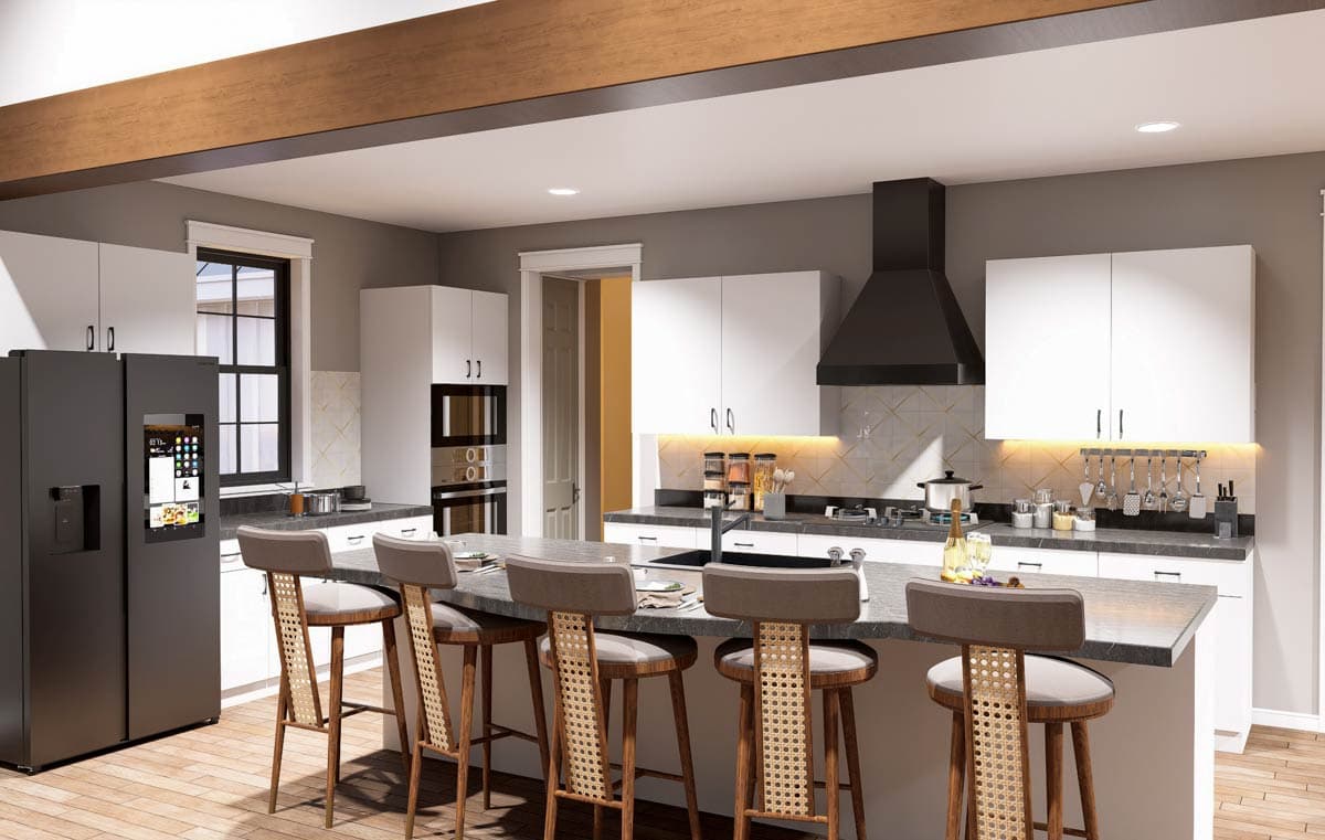 Modern kitchen with white cabinets, a large island with seating, black range hood, and built-in ovens.