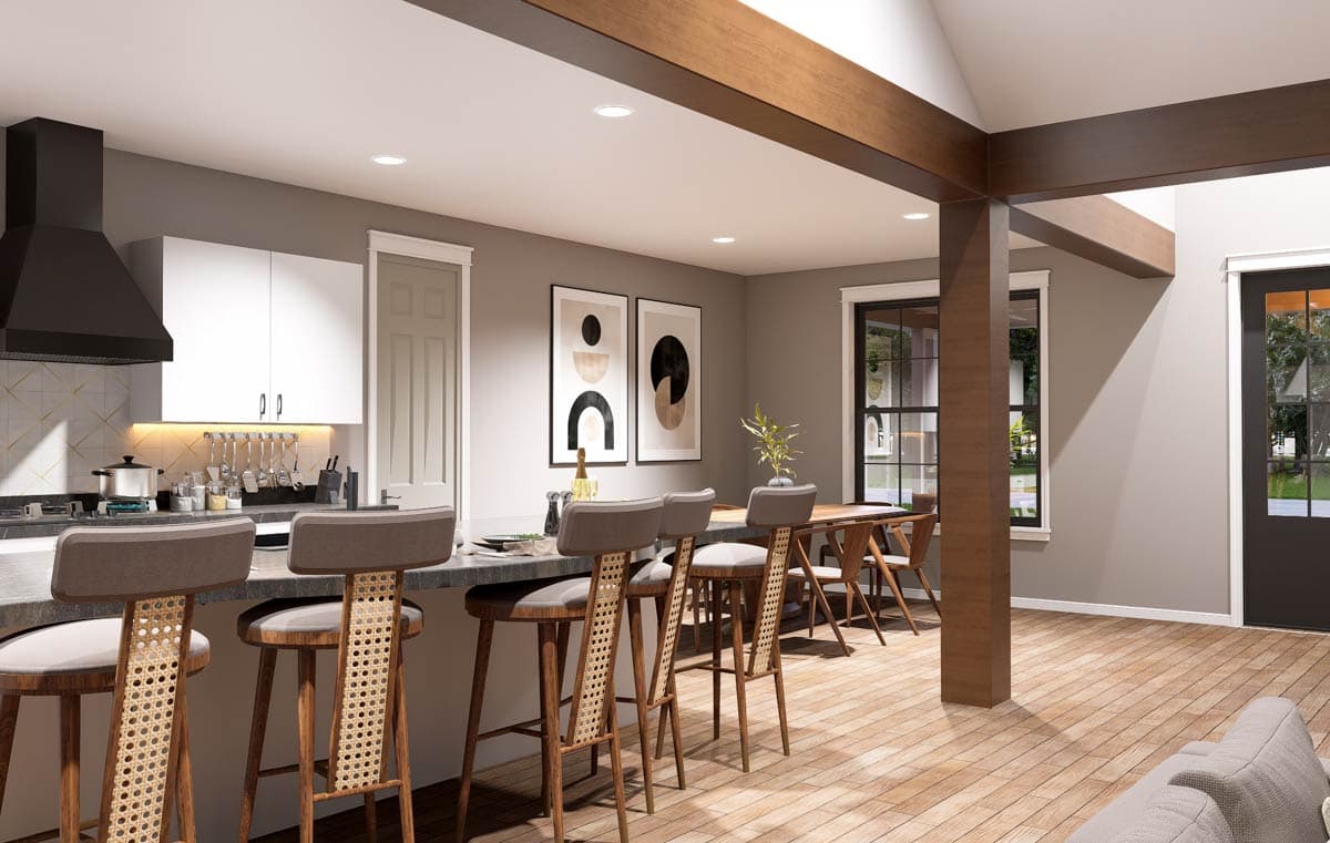Interior rendering showing open-concept kitchen and dining area with island, bar stools, dining table, and exposed wood beams.