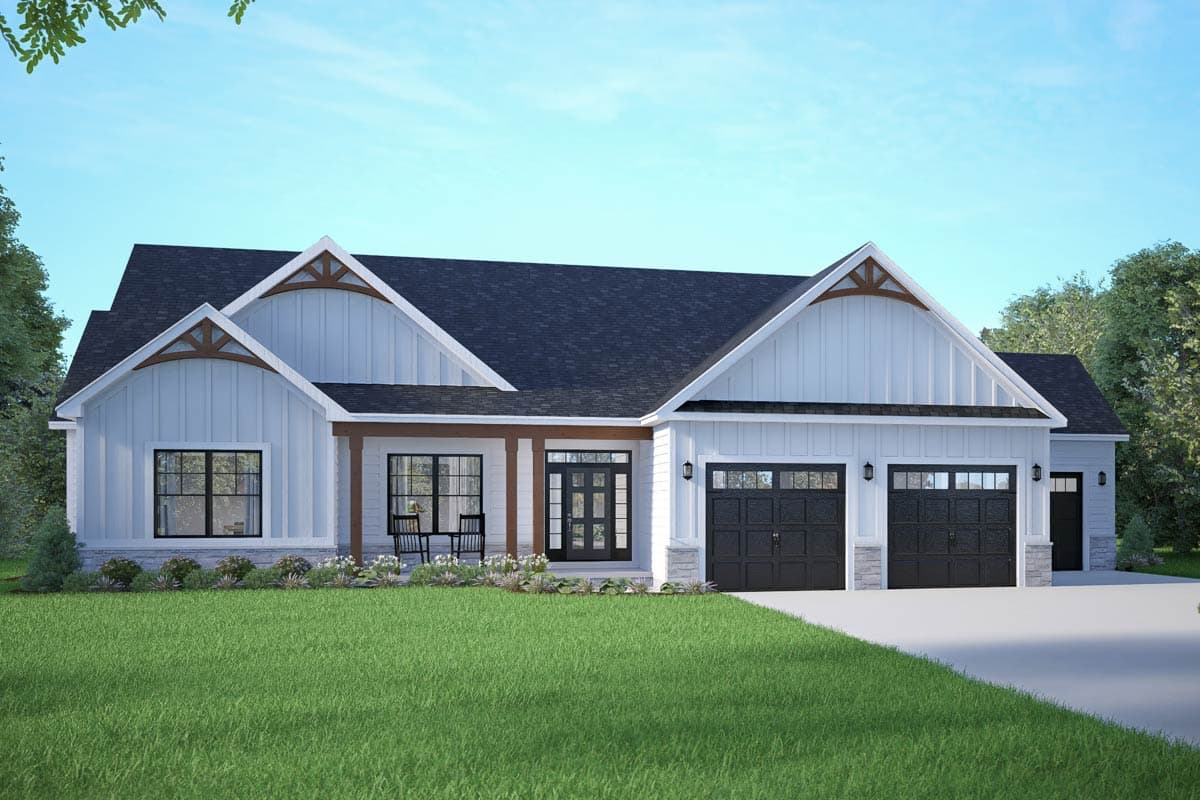 House plan exterior. Modern Farmhouse style with two stories. Features include gabled roof, front porch, and two-car garage.
