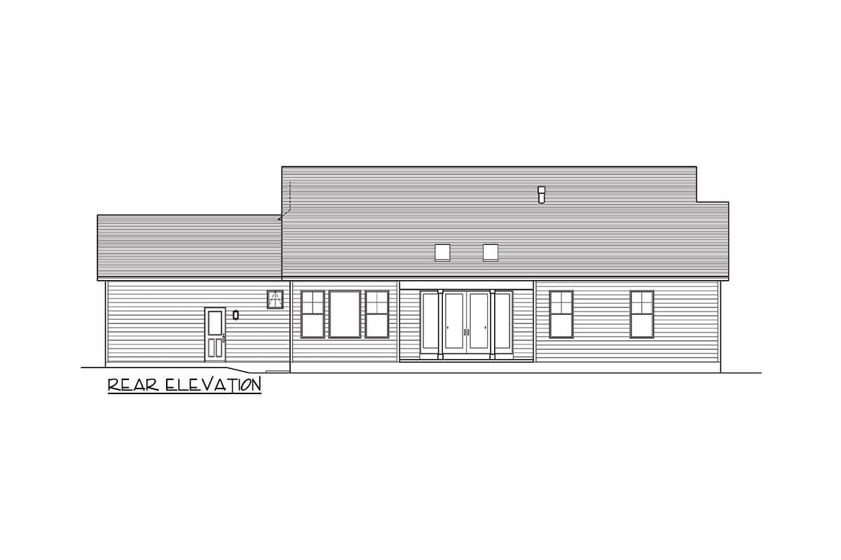 Rear elevation drawing of a house plan featuring a side door, multiple windows, double doors, and varied rooflines.
