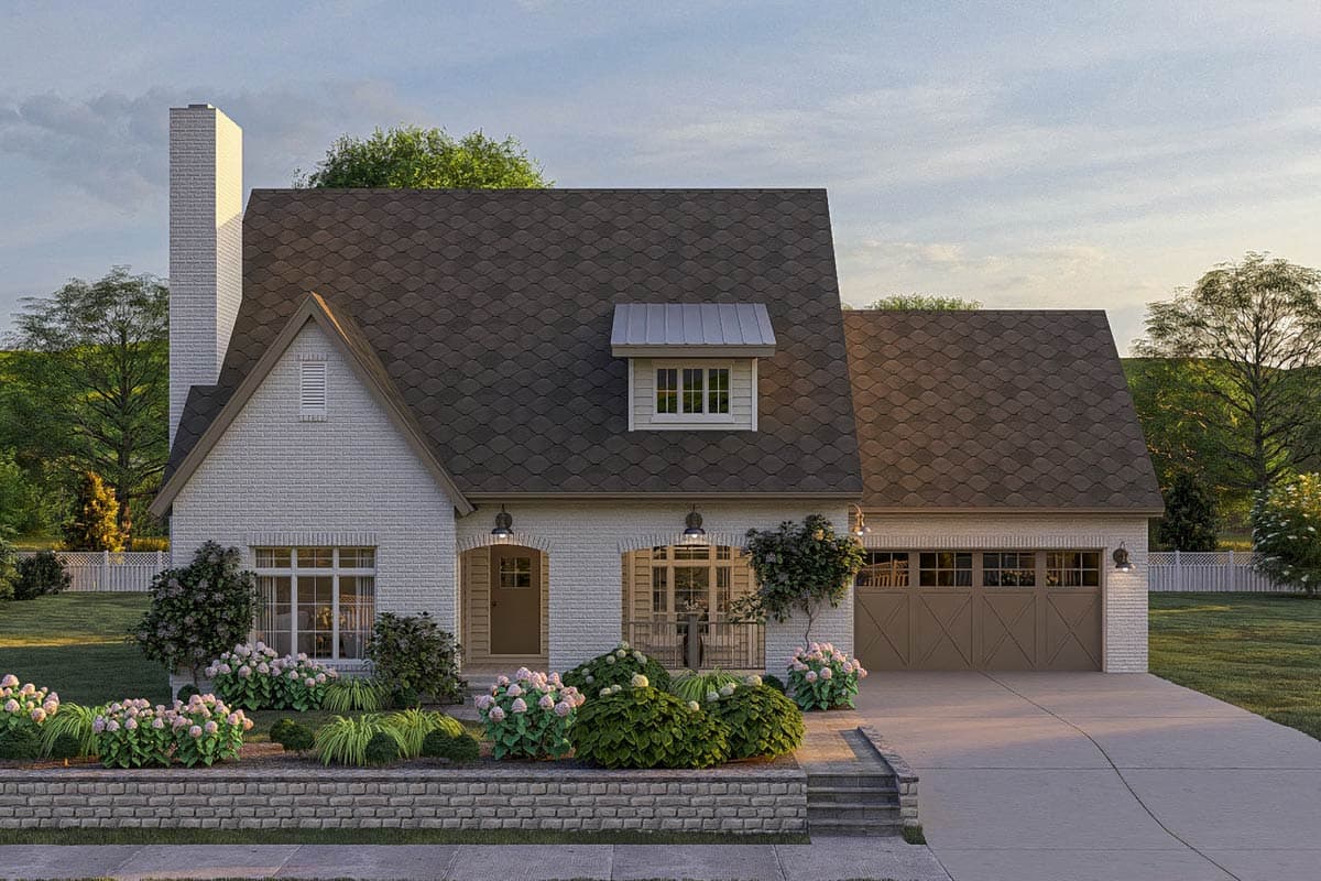 House plan exterior. Two-story house with a brick facade. Features include a gabled roof, dormers, and an attached garage. A chimney is visible.