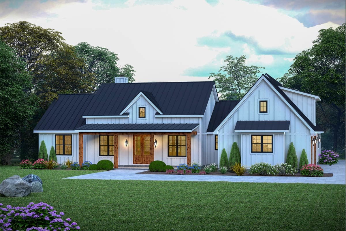 House plan exterior rendering. Modern Farmhouse style with two stories, a front porch, gables, and a dark metal roof.