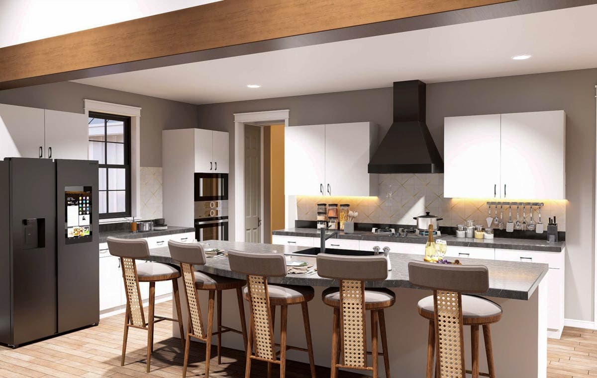 Modern kitchen with island seating, white cabinets, black range hood, and integrated smart refrigerator.