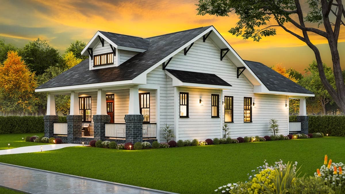 Craftsman style house plan exterior with wide front porch, stone-clad columns, gables, and dormers.